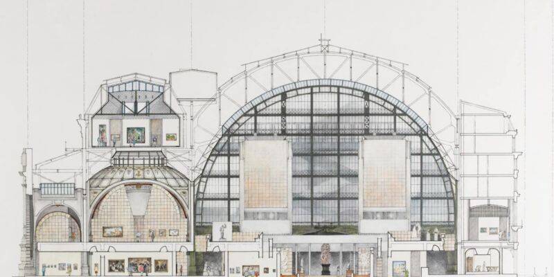Gae Aulenti, Aménagement intérieur du musée d’Orsay, coupe transversale, 1982. Aquarelle avec cadre H. 84 ; L. 104 cm (0,01 pm). Don de Madame Gae Aulenti, 1987. © RMN-Grand Palais (Musée d’Orsay) / Hervé Lewandowski