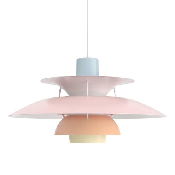 Suspension PH5 en coloris bleu, rose et pêche